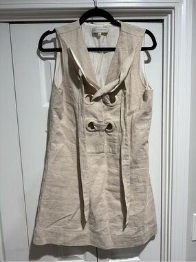 English Factory Sleeveless V-Neck Linen-Blend Dress in Beige